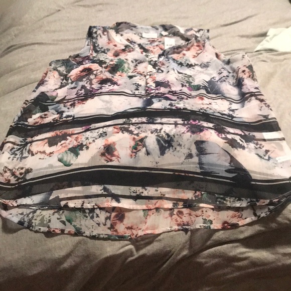 Sheer, high low hem floral design with stripes top - Picture 1 of 3